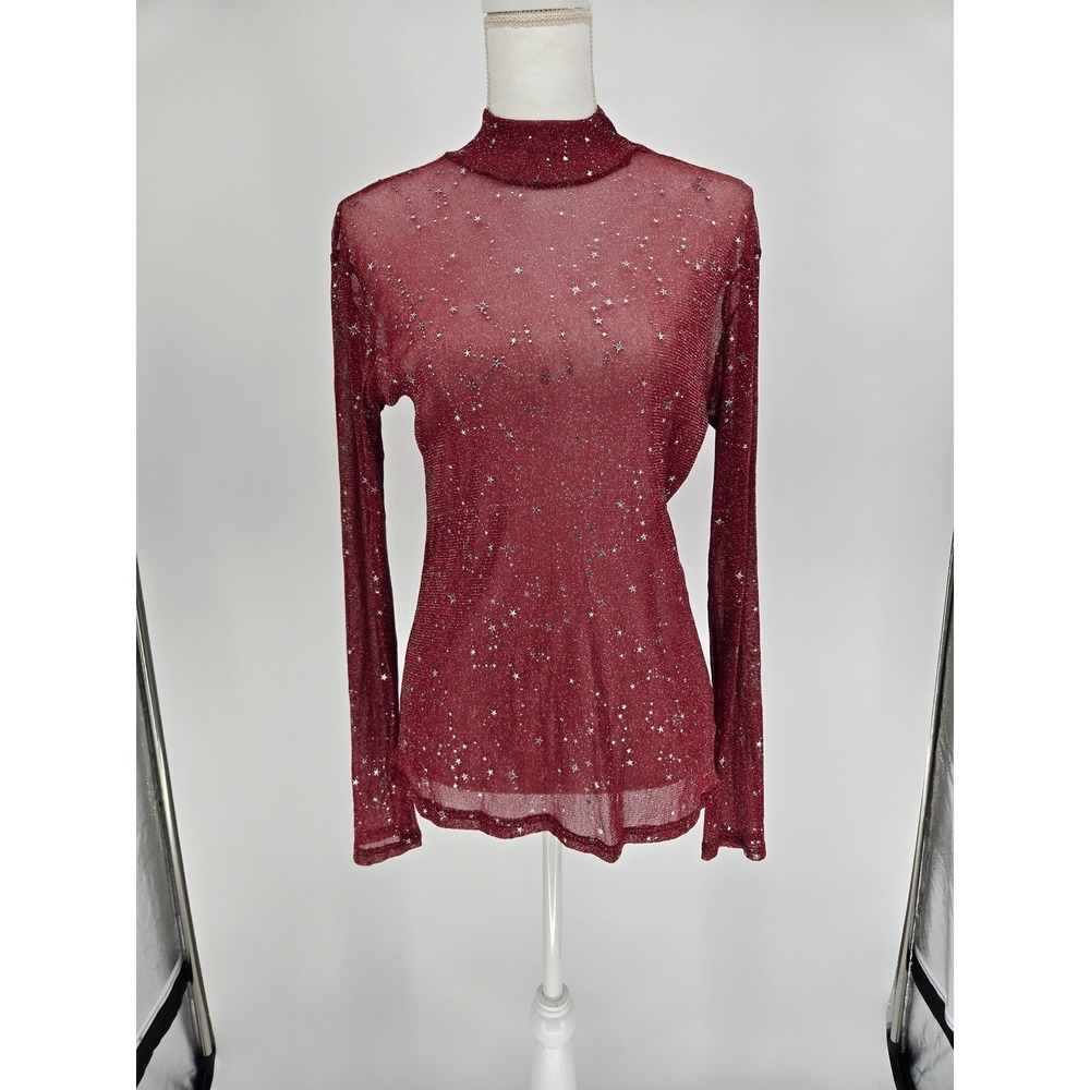 Mangopop Womens XL Red Metallic Mesh Star Print Mock Neck Long Sleeve Top